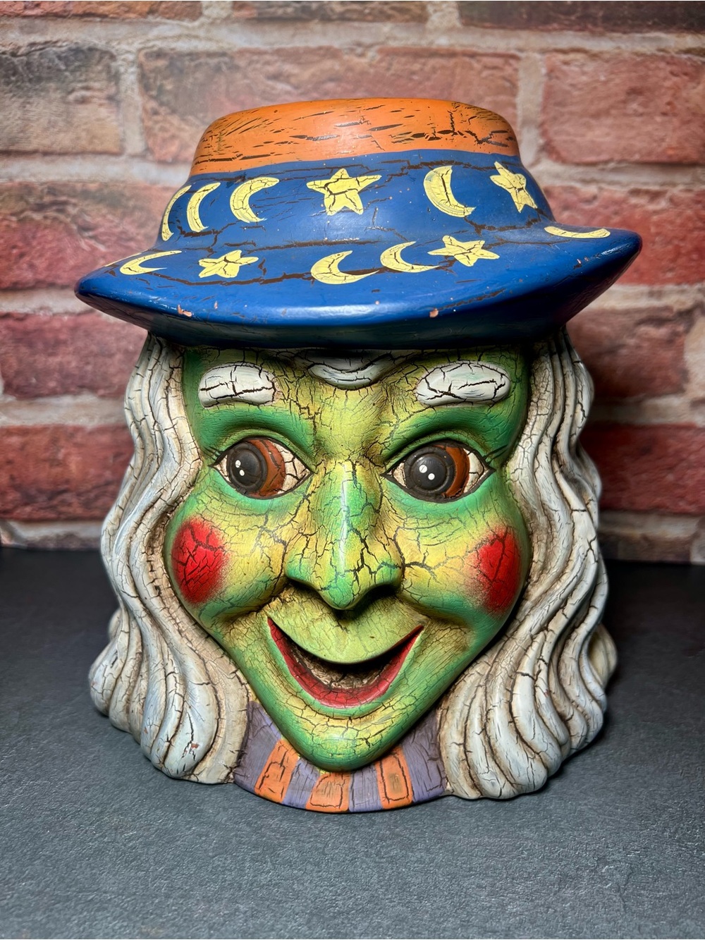 Vintage HTF Ceramic Witch Head Large 3" Dia Candle Holder Halloween